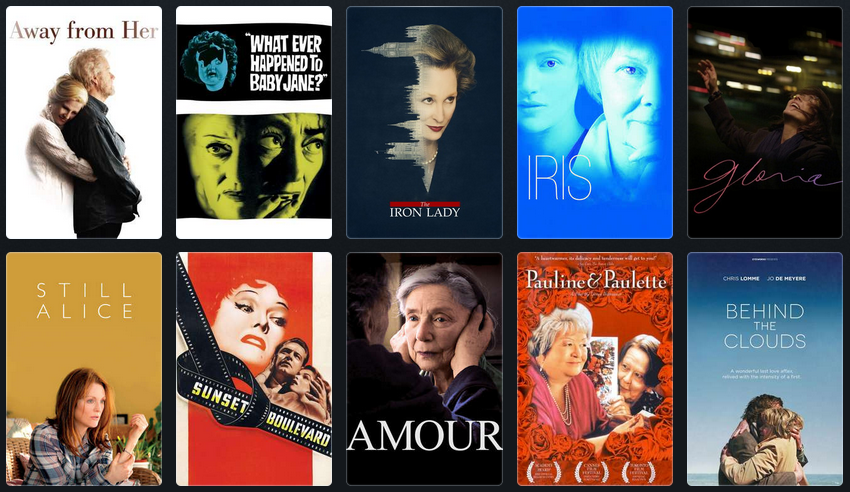 A collection of 10 movie posters of the films included in the list, such as Away From Her, Still Alice and Amour.