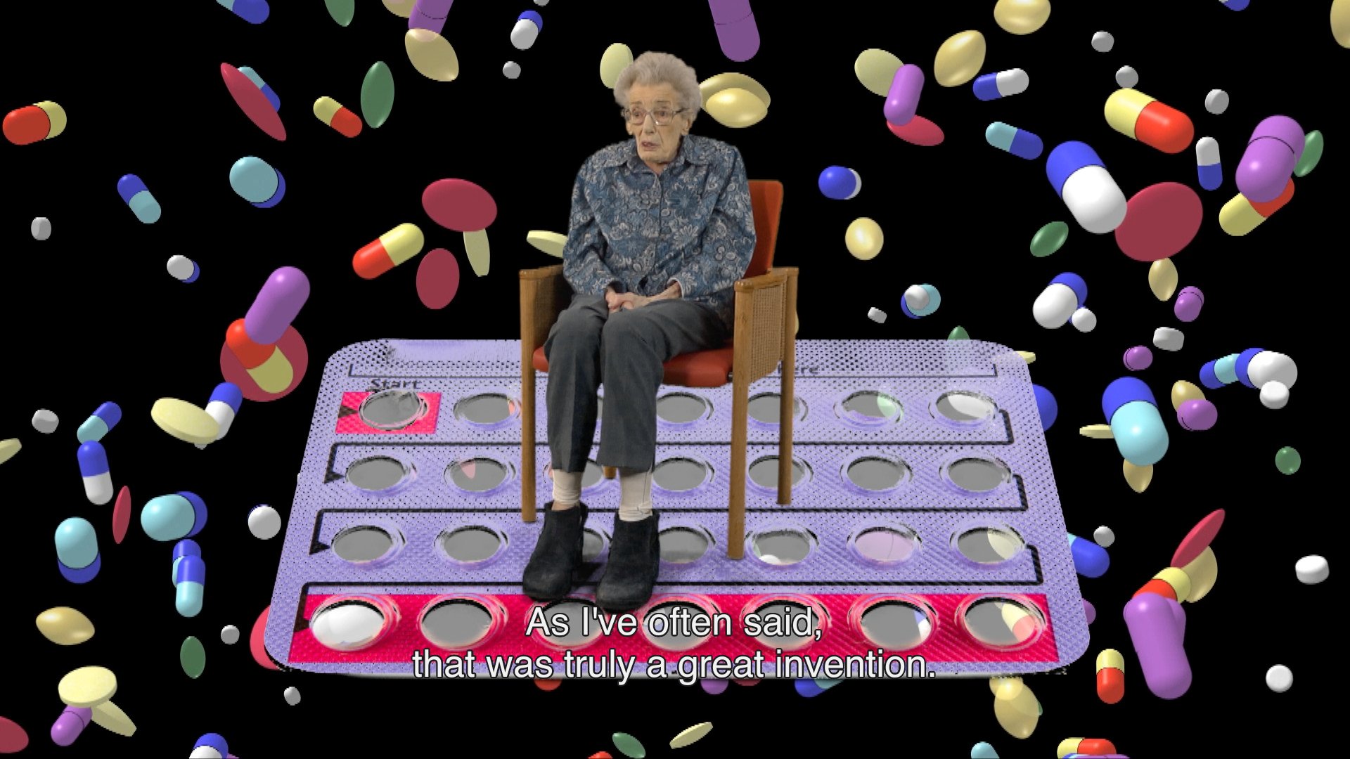 A white older woman is sitting on a large magic carpet in the shape of a contraceptive pill container, surrounded by enormous flying pills.