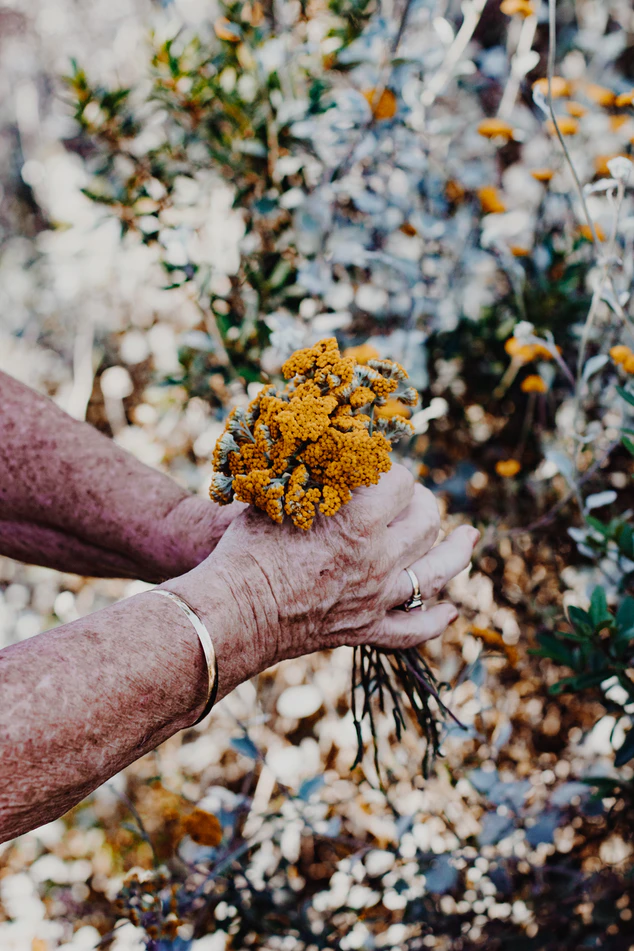 Underarms and hands with small dark patches holding a small bouquet of orange flowers. The background is full of greenery.